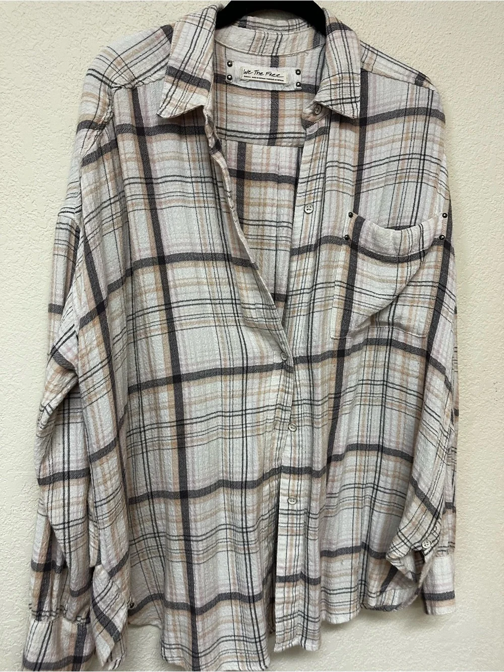 Free People Beige and Brown Plaid Button-Down Shirt Shacket Size S